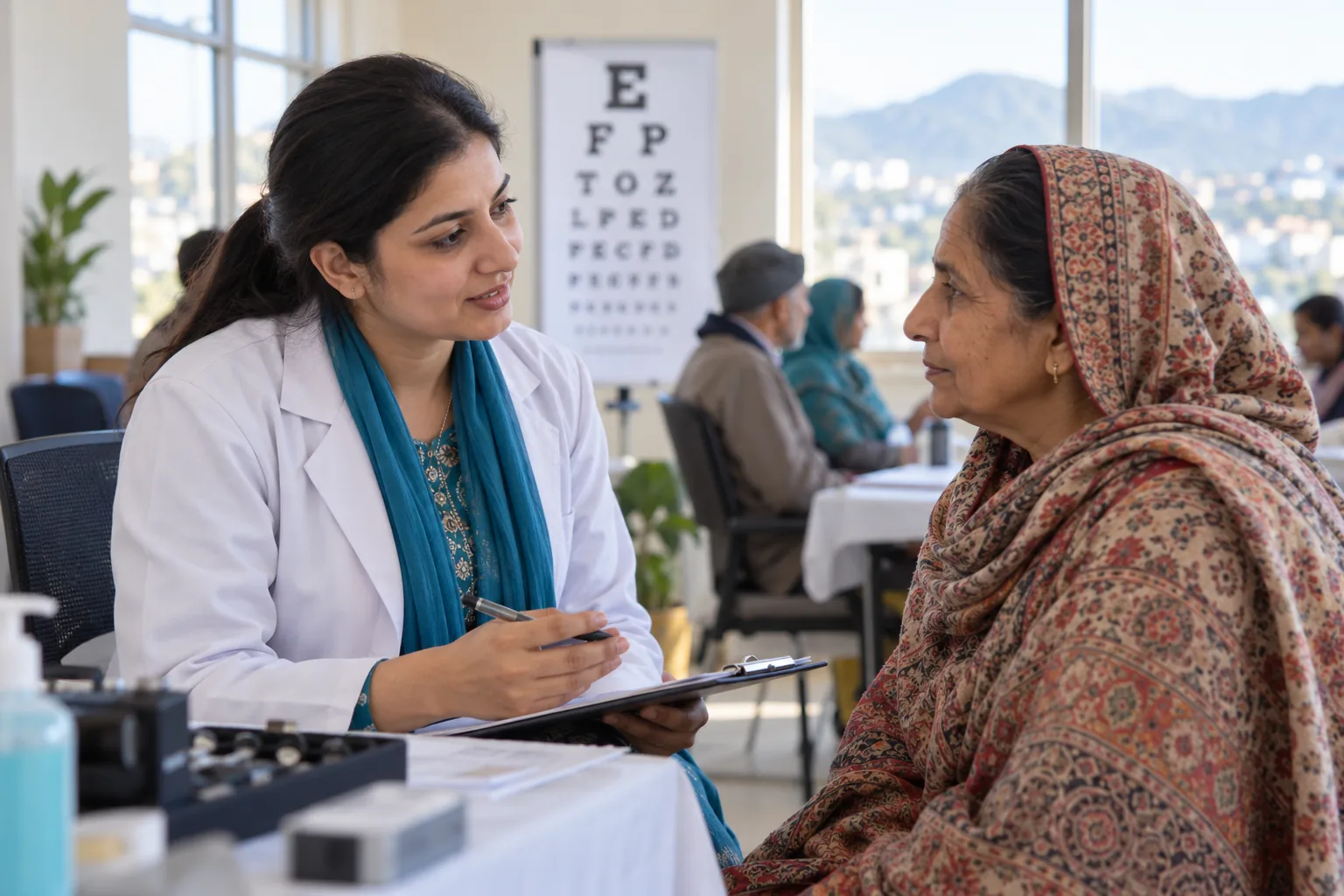 Eye care professional speaking with an older woman at a vision screening.