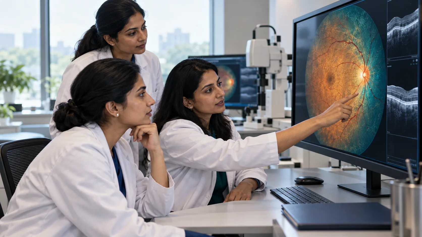 Ophthalmology researchers reviewing retinal imagery.